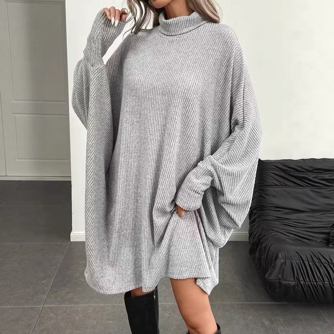 Women's Mock Neck Batwing Long Sleeve Ribbed Knit Mini Dress