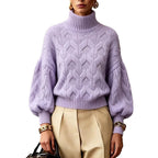 Women's Bright Yellow Turtleneck Cable Knit Oversized Pullover Sweater