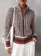 Women's Houndstooth Striped Zip Up Stand Collar Knit Cardigan