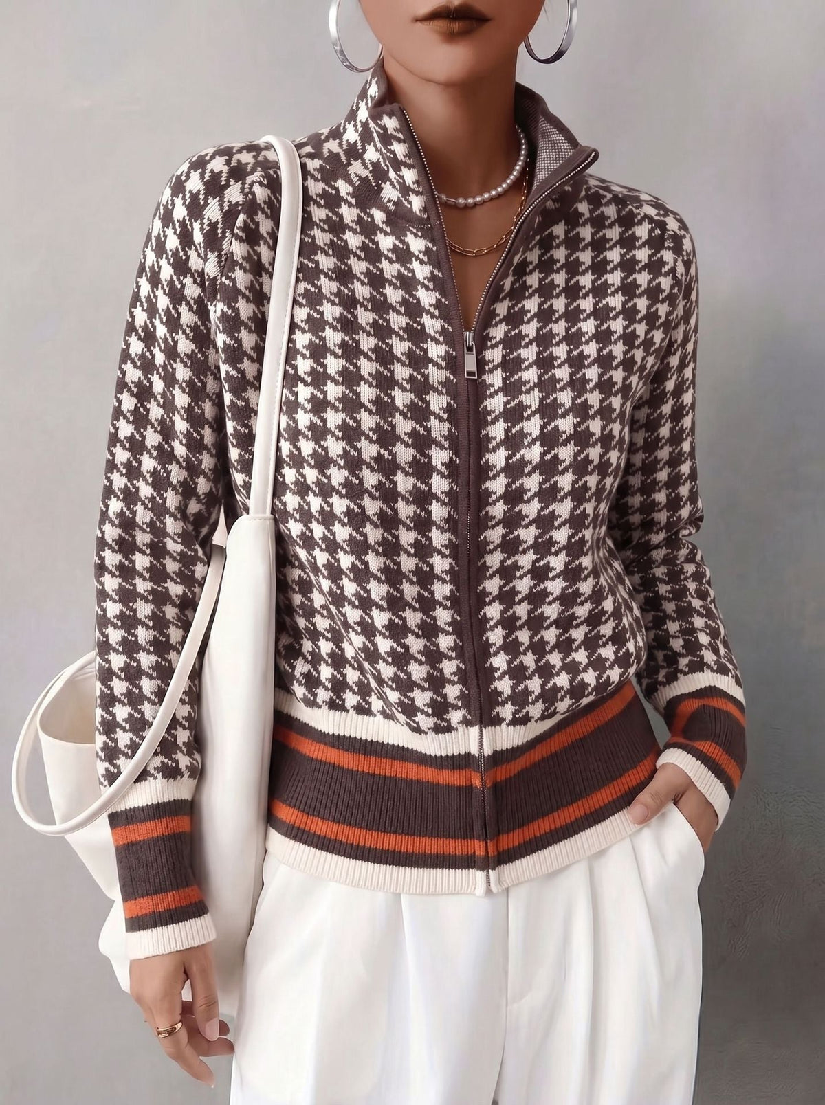Women's Houndstooth Striped Zip Up Stand Collar Knit Cardigan