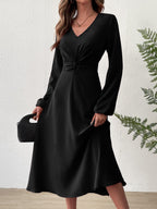 V?Neck Twist?Knot Waist Long?Sleeve Midi Dress