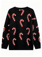Women's Plus Size Crew Neck Candy Cane Print Long Sleeve Christmas Knit Sweater