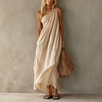 Dusty Pink One Shoulder Ruched Linen Maxi Dress