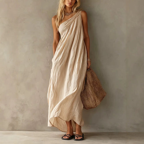 Dusty Pink One Shoulder Ruched Linen Maxi Dress