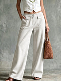Women's Solid Ribbed Front Patch Pocket High Waist Wide Leg Long Pants