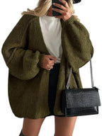 Women's Solid Color Chunky Knit Open Front Lantern Sleeve Mid-Length Cardigan