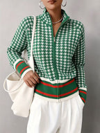 Women's Houndstooth Striped Zip Up Stand Collar Knit Cardigan