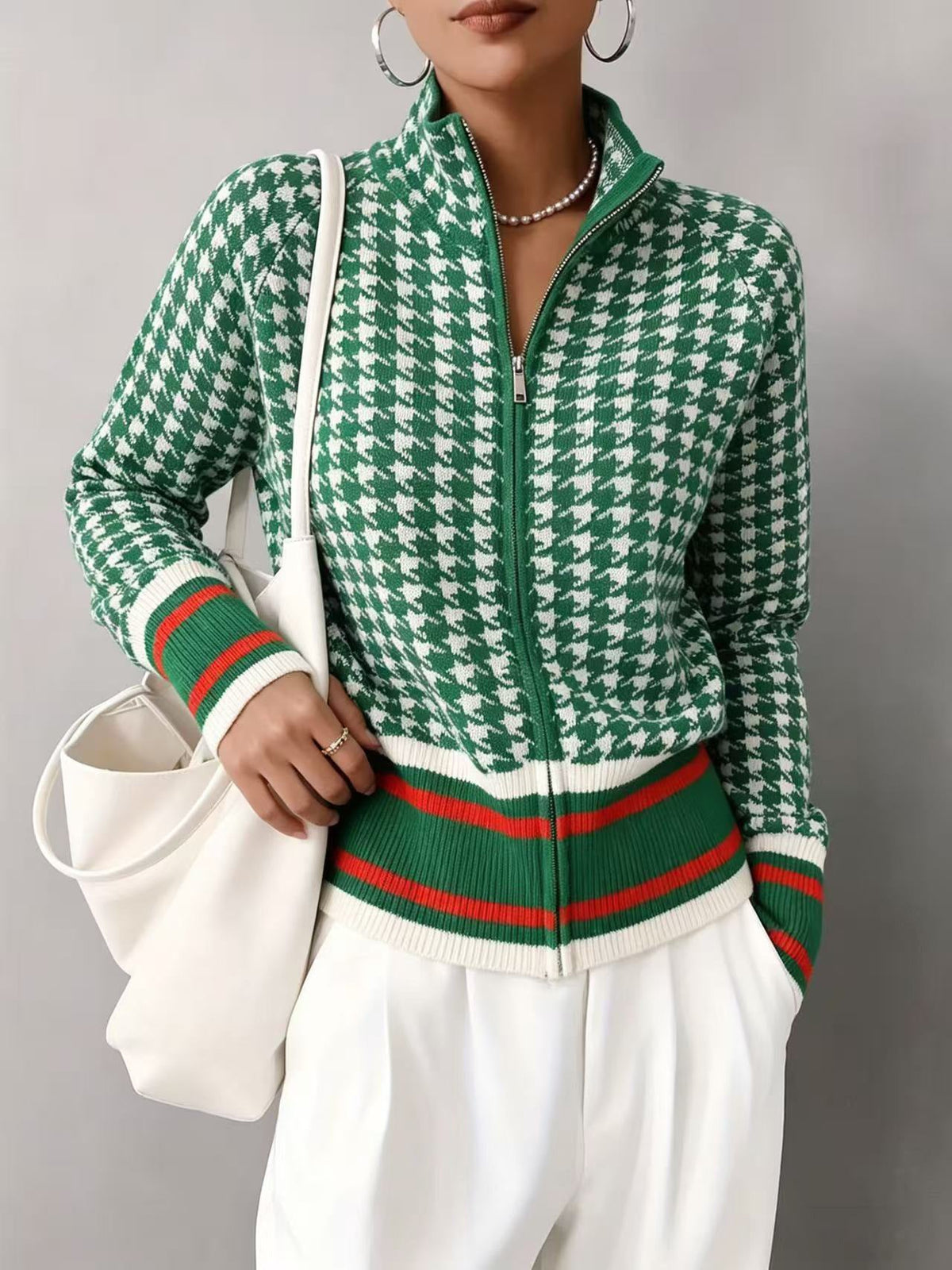 Women's Houndstooth Striped Zip Up Stand Collar Knit Cardigan