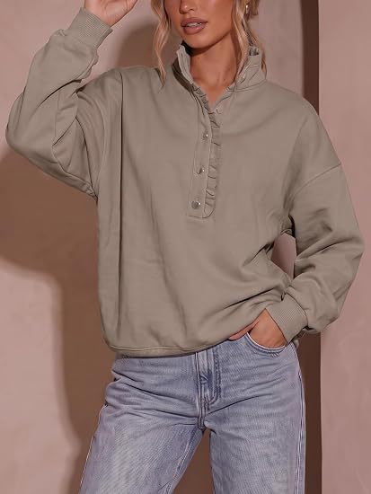 Ruffle Collar Half-Button Oversized Sweatshirt