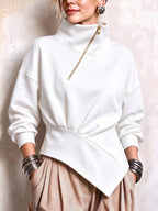 Zip-Neck Sweatshirt with Asymmetric Hem