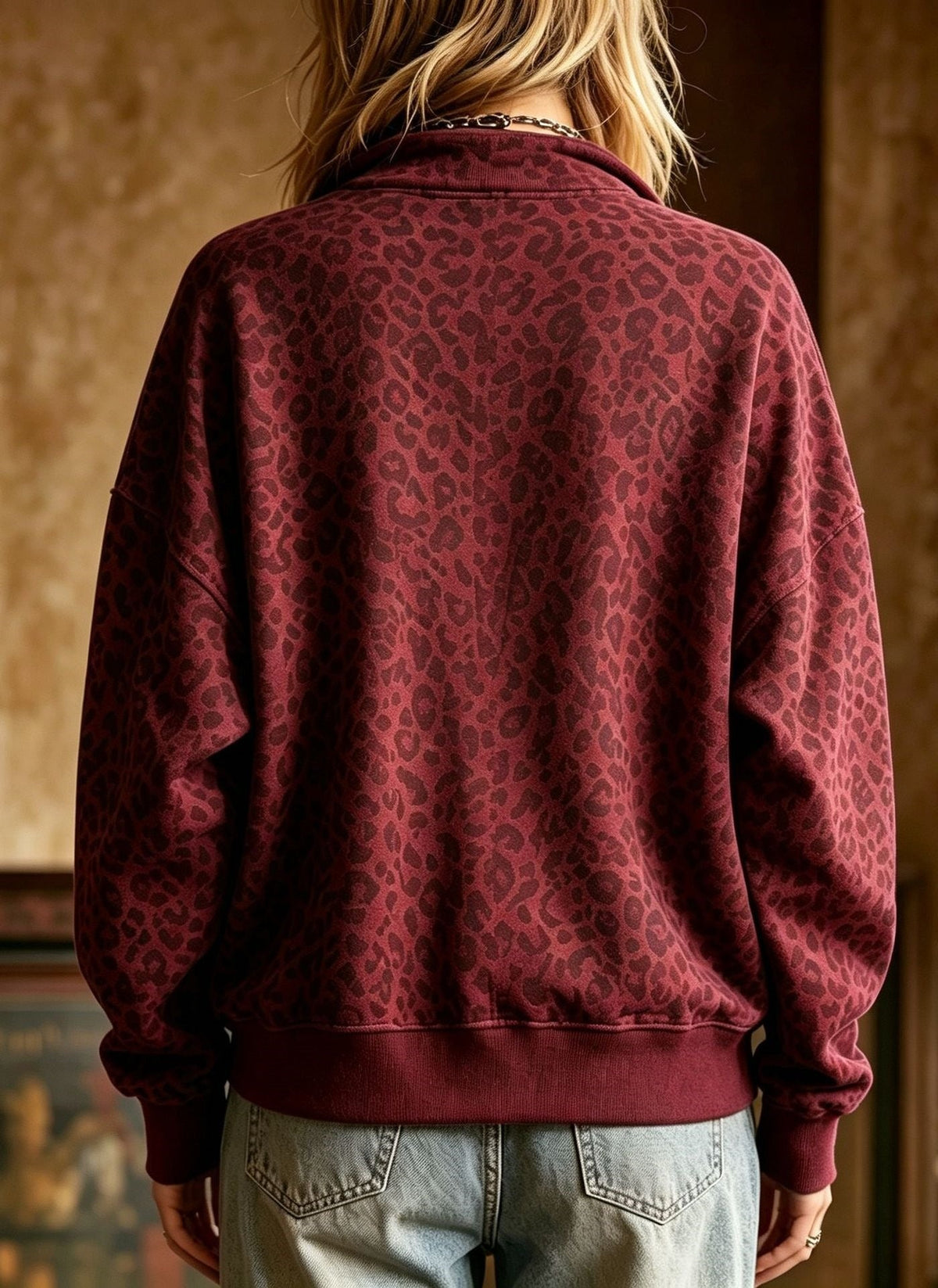 Women's Vintage Leopard Print Half Zip Long Sleeve Pullover Sweatshirt