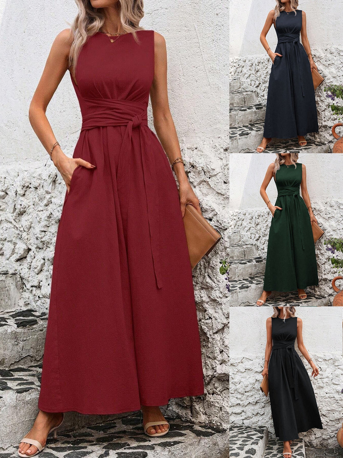 Sleeveless Wrap?Tie Waist Maxi Dress