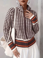 Women's Houndstooth Striped Zip Up Stand Collar Knit Cardigan