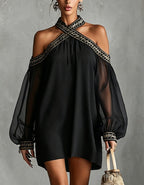 Embroidered Trim Sheer Long Sleeve Loose Tunic Dress