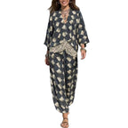 Geometric Print V?Neck Kimono Sleeve Top & Wide?Leg Pants Two?Piece Set