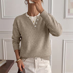 Henley Button Notch Neck Drop‑Shoulder Long Sleeve Knit Sweater