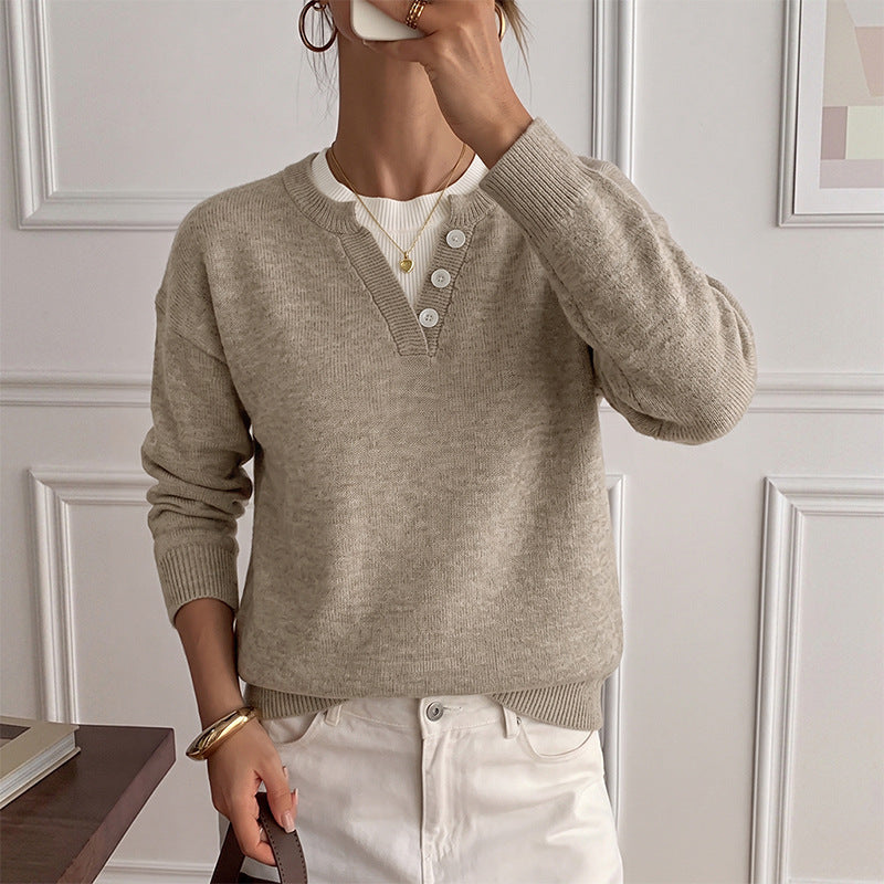 Henley Button Notch Neck Drop‑Shoulder Long Sleeve Knit Sweater