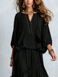 Women's Tassel‑Detail Blouse & Ruffle Maxi Skirt Boho Two‑Piece Set