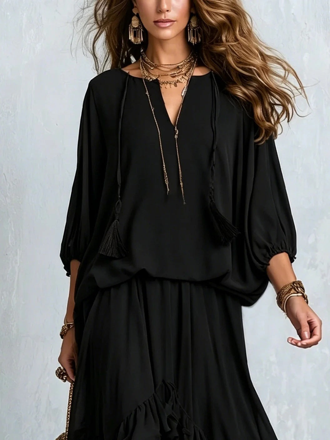 Women's Tassel‑Detail Blouse & Ruffle Maxi Skirt Boho Two‑Piece Set