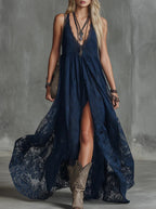 Midnight Blue Lace Western Maxi Dress