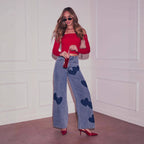 Light Wash Heart Patch High Waist Wide Leg Denim Jeans