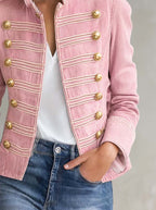 Women’s Stand Collar Double Breasted Gold Button Decor Denim Jacket