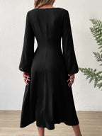 V?Neck Twist?Knot Waist Long?Sleeve Midi Dress