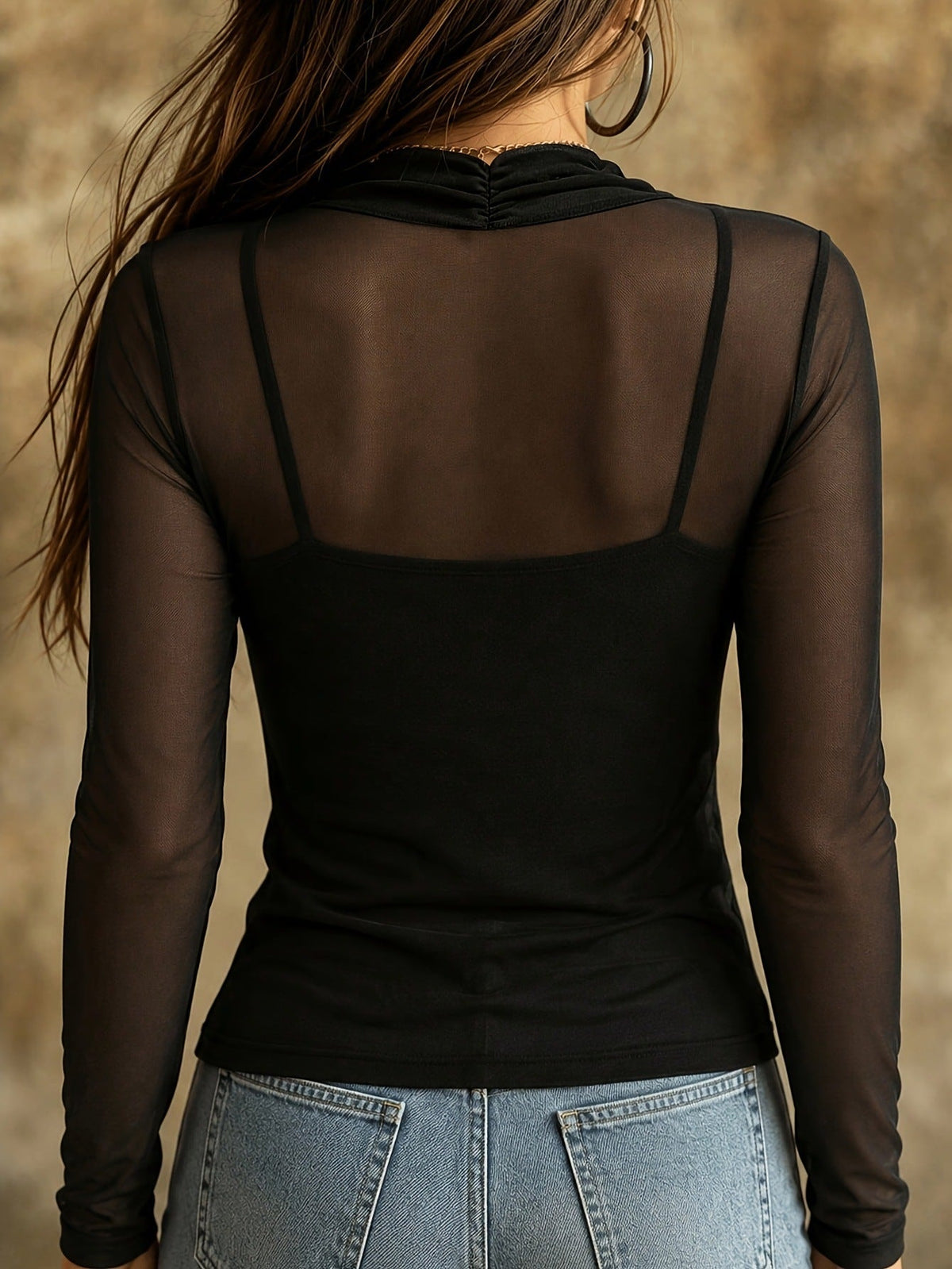 Women's Draped Cowl Neck Long Sleeve Mesh Blouse