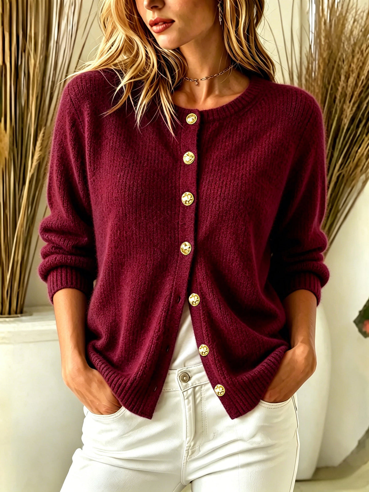 Crew Neck Gold?Button Ribbed Knit Cardigan