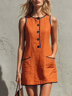 Sleeveless Button Front Casual Mini Dress with Pockets