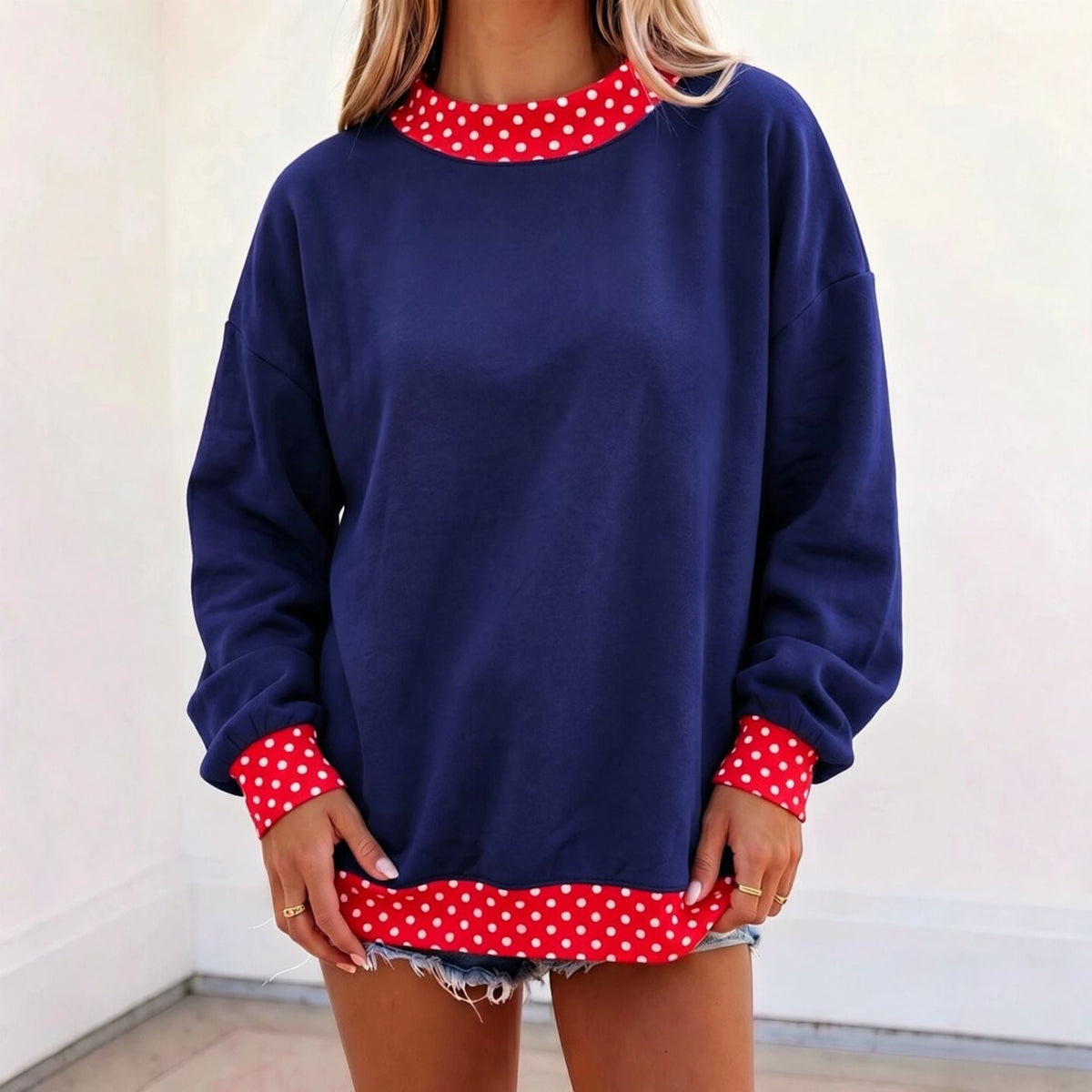 Oversized Sweatshirt with Polka Dot Trim