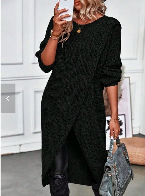 Round Neck Long Sleeve Wrap Asymmetrical Hem Knit Midi Cardigan