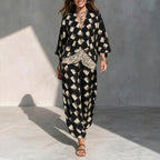Geometric Print V?Neck Kimono Sleeve Top & Wide?Leg Pants Two?Piece Set
