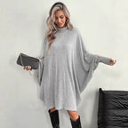 Women's Mock Neck Batwing Long Sleeve Ribbed Knit Mini Dress