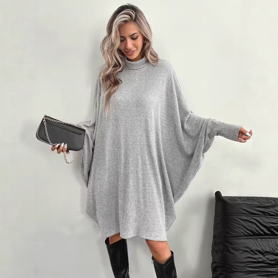 Women's Mock Neck Batwing Long Sleeve Ribbed Knit Mini Dress