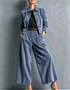 Corduroy Lapel Crop Jacket & High Waist Wide Leg Pants 2 Piece Outfit