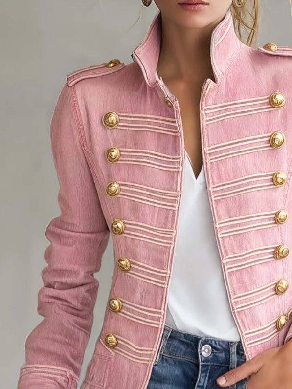Women’s Stand Collar Double Breasted Gold Button Decor Denim Jacket