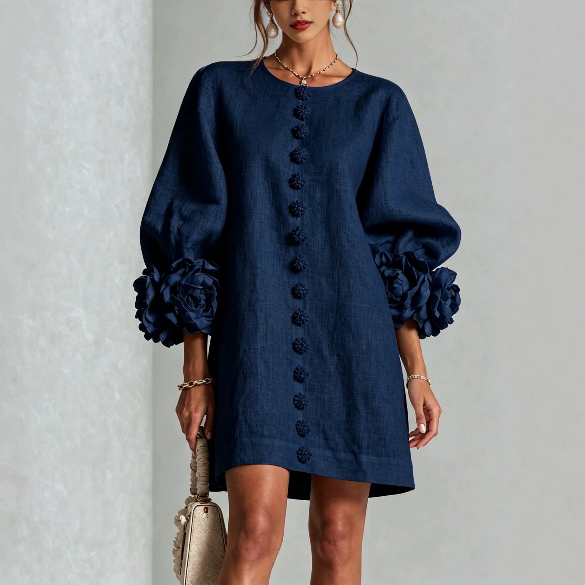 Blush Pink Fabric Floral Appliqué Balloon‑Sleeve Shift Mini Dress