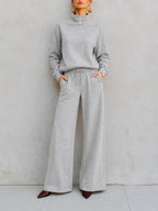 Mock?Neck Button?Detail Sweatshirt & Wide?Leg Drawstring Pants Two?Piece Set - gray / S
