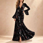 Floral Print V-Neck Bell Sleeve Maxi Dress