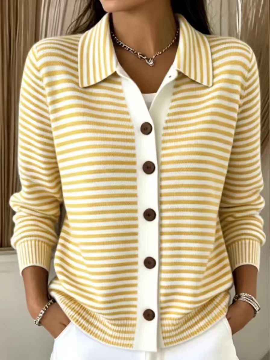 Women's Green?White Stripe Collared Button Front Knit Cardigan