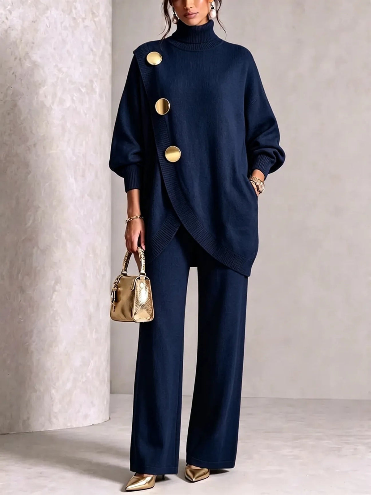 Turtleneck Gold?Button Asymmetric Knit Tunic & Wide-Leg Pants Two-Piece Set