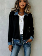 Ribbed Knit Zip Jacket with Denim Trim