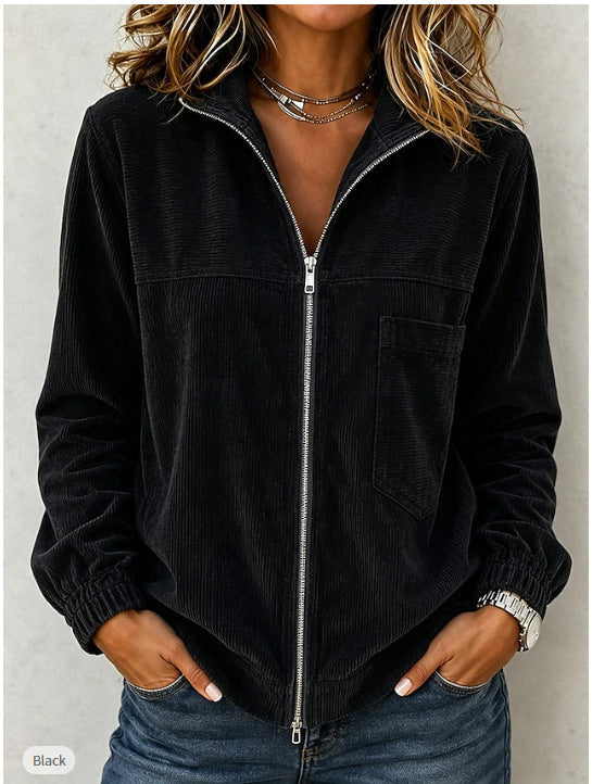 Women's Full Zip Stand Collar Corduroy Long Sleeve Jacket With Pocket