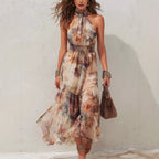 Sleeveless Vintage Watercolor Print Ruffled Flowy Vacation Dress