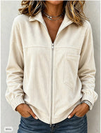 Women's Full Zip Stand Collar Corduroy Long Sleeve Jacket With Pocket