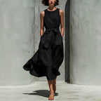Sleeveless Tie Waist Layered Linen Midi Dress