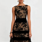 Nude Mesh Black Floral Lace Velvet Strip Sleeveless Midi Dress