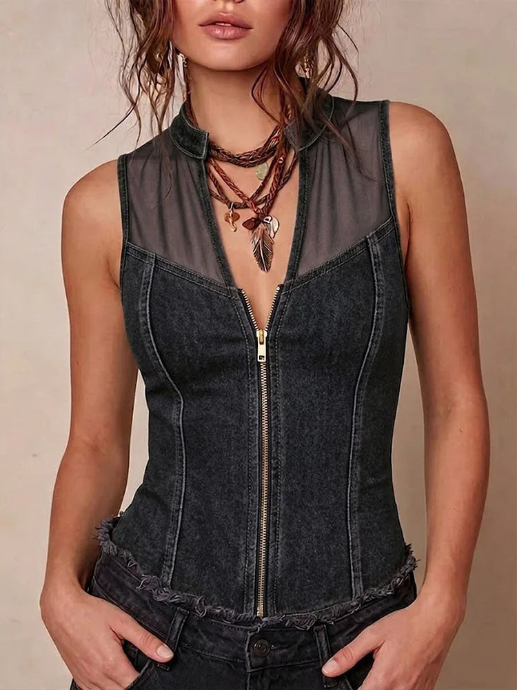 Semi-Sheer Mesh Denim Corset Top