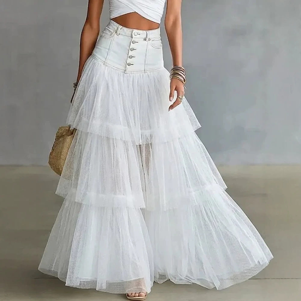 High Waist Button‑Front Denim Patchwork Tiered Tulle Maxi Skirt